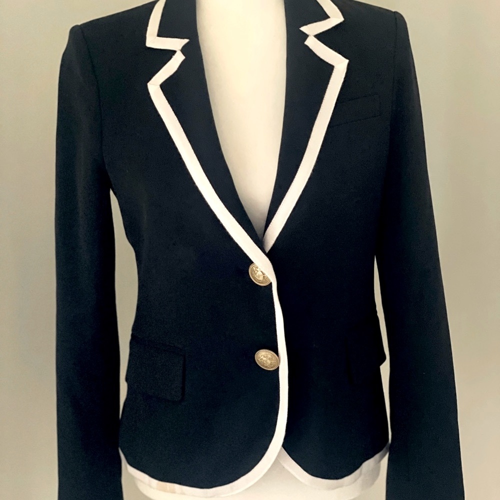Reese + Riley blazer with grosgrain trim and brass buttons